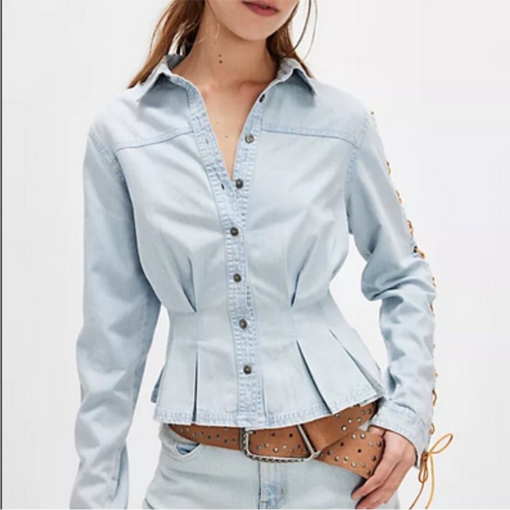 Free People Lala Denim Peplum Pleated Blouse Lace Up Sleeve NWT Small